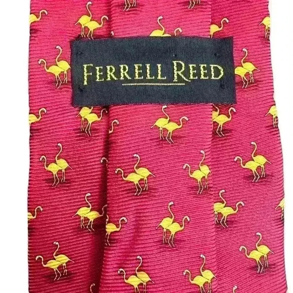 Ferrell Reed Silk Red Tie -Golden Flamingo Print - Imported Silk - Hand Tailored - Picture 3 of 5